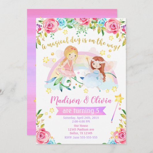 Fairy Birthday Uitnodiging / Joint Twins Party (Voorkant / Achterkant)