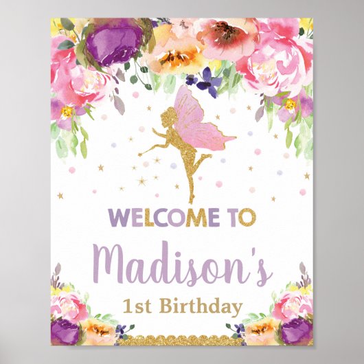 Fairy Birthday Welcome Sign Paarse Floral Flowers Poster (Voorkant)