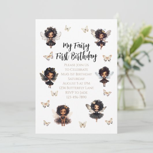 Fairy Butterfly Verjaardag Uitnodiging Afro Fairy (Staand voorkant)
