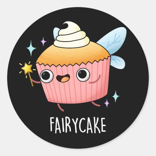 Fairy Cake Funny Cupcake Pun Dark BG Ronde Sticker (Voorkant)
