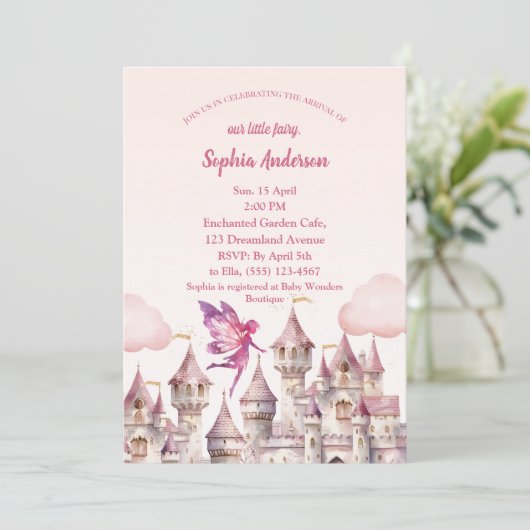 Fairy Castle Meisje Baby shower Uitnodiging Kaart (Staand voorkant)