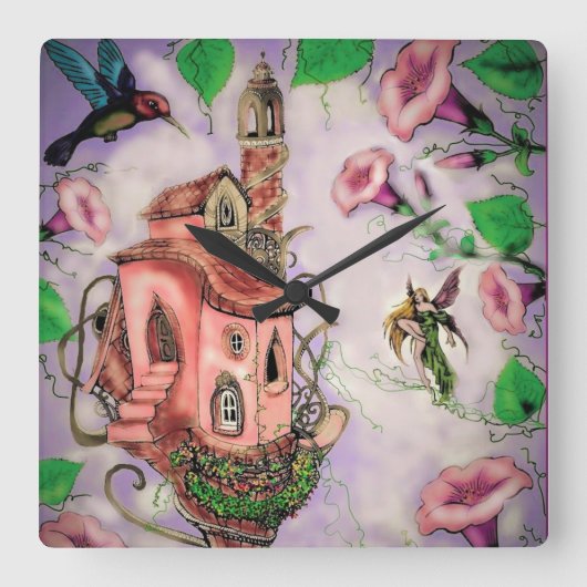 Fairy Castle met Hummingbird   Vierkante Klok (Voorkant)