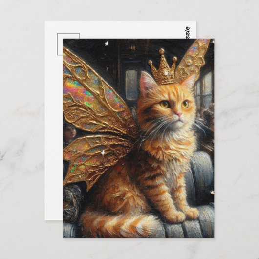 Fairy Cat Zit in een  Train Briefkaart (Voorkant / Achterkant)