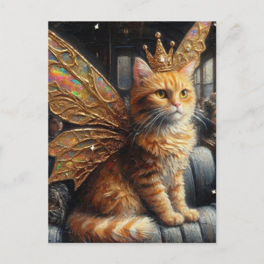 Fairy Cat Zit in een  Train Briefkaart (Voorkant)