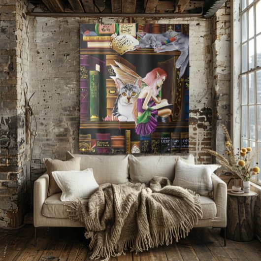 Fairy Cats Boeken Bibliotheek Fantasie Wandkleed
