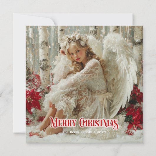 Fairy Christmas angel red poinsettias elegant card Feestdagenkaart (Voorkant)