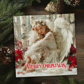 Fairy Christmas angel red poinsettias elegant card Feestdagenkaart