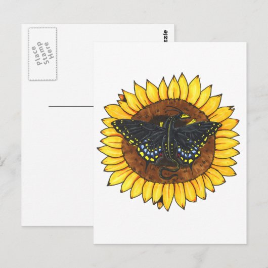 Fairy Dragon op Zonnebloem Briefkaart (Voorkant / Achterkant)