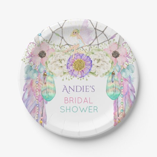 Fairy Dream Catcher Boho Feathers Kristallen Papieren Bordje (Voorkant)