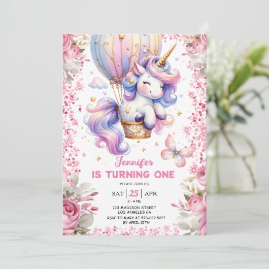 Fairy eenhoorn 1e verjaardag meisje roze eenhoorn kaart (Staand voorkant)