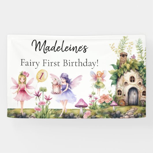 Fairy eerste 1e verjaardag betoverde tuin achtergr spandoek (Horizontaal)