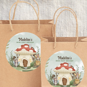 Fairy eerste 1e verjaardag paddenstoel bos dieren ronde sticker
