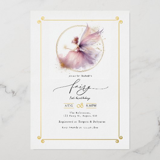 Fairy eerste 1e verjaardag partij folie uitnodiging (Voorkant)