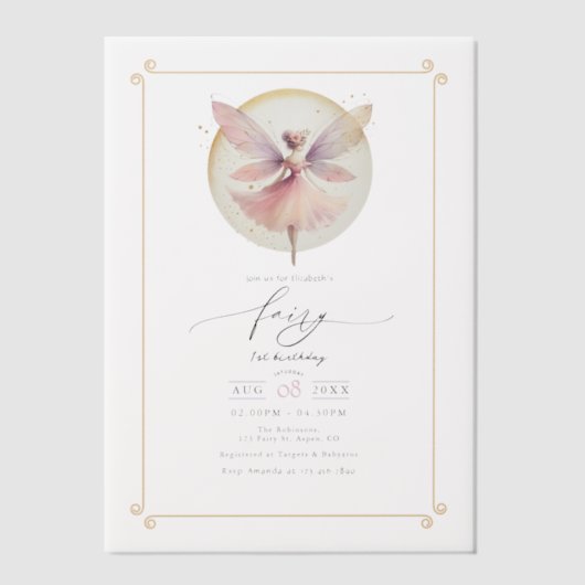Fairy eerste 1e verjaardag partij vellum uitnodigingen (Voorkant)