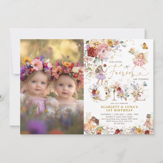 Fairy Eerste 1e Verjaardag Twin Girls Floral Garde Kaart (Voorkant)