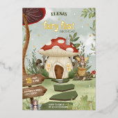 Fairy eerste grillige bos paddestoel 1e verjaardag folie uitnodiging (Voorkant)
