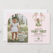 Fairy Eerste Roze Bow Foto Meisjes 1e Verjaardag Kaart (Voorkant)