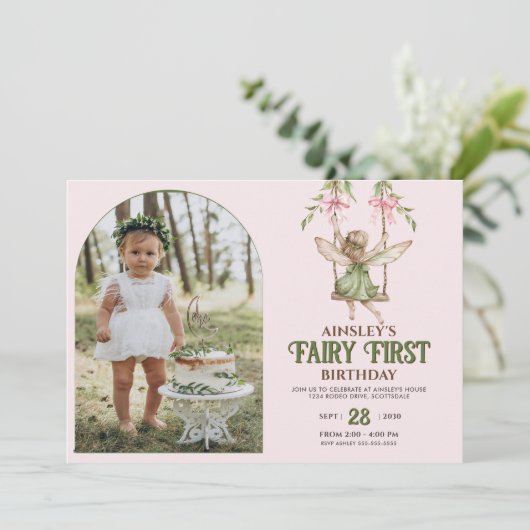 Fairy Eerste Roze Bow Foto Meisjes 1e Verjaardag Kaart (Staand voorkant)