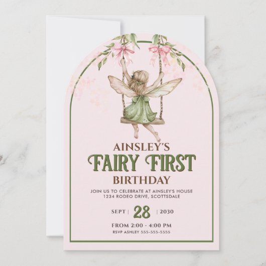 Fairy Eerste Roze Bow Foto Meisjes 1e Verjaardag Kaart (Voorkant)