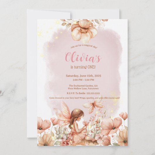 Fairy Eerste Thema Meisje's 1e Verjaardag Party Cu Kaart (Voorkant)