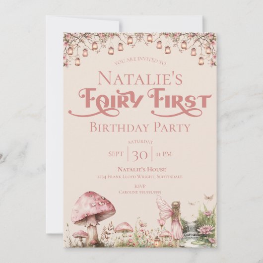 Fairy Eerste Thema Meisje's 1e Verjaardag Party Cu Kaart (Voorkant)