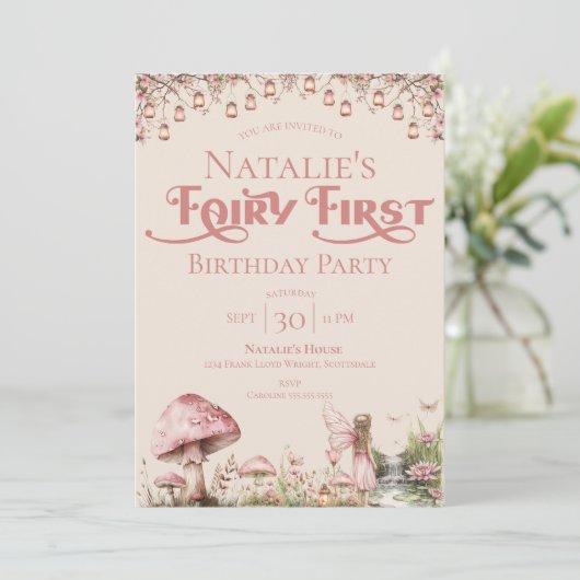 Fairy Eerste Thema Meisje's 1e Verjaardag Party Cu Kaart (Staand voorkant)