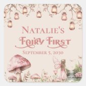 Fairy Eerste Thema Meisje's 1e Verjaardag Party Cu Vierkante Sticker (Voorkant)