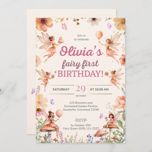 Fairy eerste verjaardag 1e verjaardag uitnodiging (Voorkant / Achterkant)