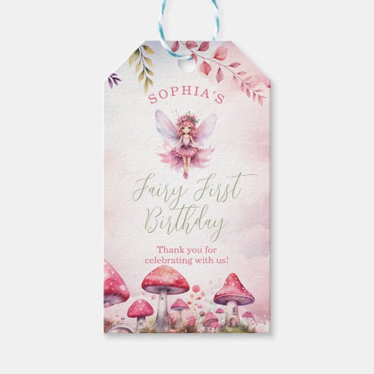Fairy eerste verjaardag betoverde bos paddenstoel cadeaulabel (Voorkant)