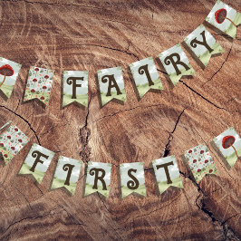 Fairy eerste verjaardag bos tuin paddenstoel vlaggetjes