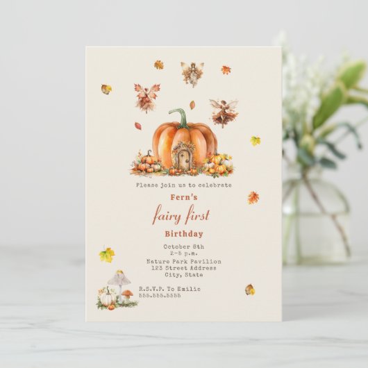 Fairy eerste verjaardag Herfst Woodland Pompoen Kaart (Staand voorkant)