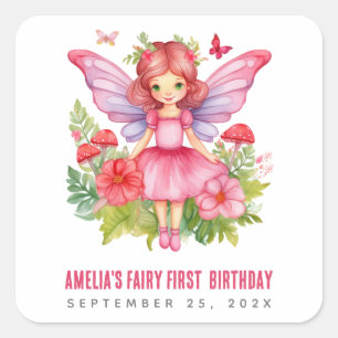 Fairy eerste verjaardag roze meisje Waterverf Vierkante Sticker