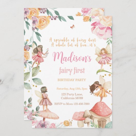Fairy Eerste Verjaardag Uitnodiging Fairy Uitnodig (Voorkant / Achterkant)