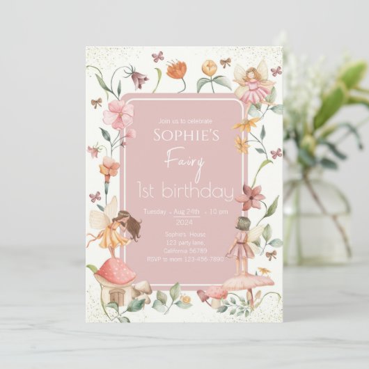 Fairy Eerste Verjaardag Uitnodiging Fairy Uitnodig (Staand voorkant)