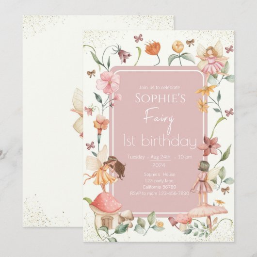 Fairy Eerste Verjaardag Uitnodiging Fairy Uitnodig (Voorkant / Achterkant)