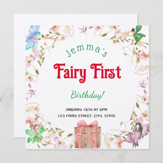 Fairy Eerste Verjaardag Waterverf Cadeaubox Uitnod (Voorkant / Achterkant)