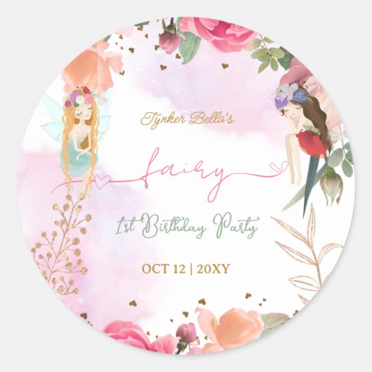 Fairy Eerste Verjaardagsfeestje Baby Meisje Ronde Sticker (Voorkant)