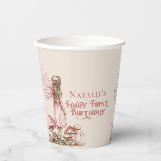 Fairy Eerste Verjaardagsfeestje Blush Roze Geperso Papieren Bekers (Voorkant)
