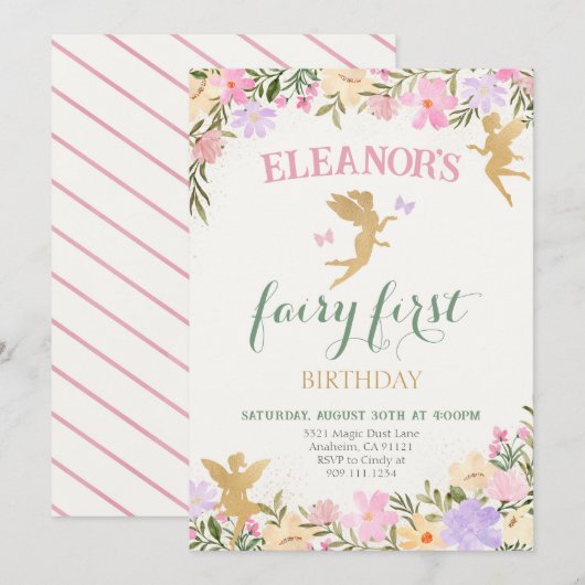 Fairy Eerste Verjaardagsfeestje Feeën Uitnodiging (Voorkant / Achterkant)