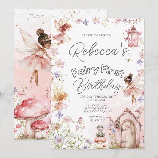 Fairy eerste verjaardagsfeestje kaart (Voorkant / Achterkant)