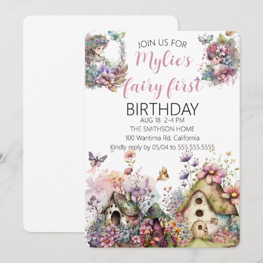 Fairy eerste verjaardagsfeestje kaart (Voorkant / Achterkant)