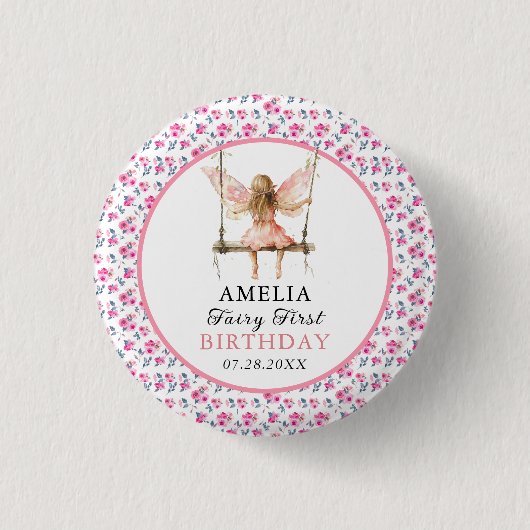 Fairy Eerste Waterverf Bloemen Meisjes 1e Verjaard Ronde Button 3,2 Cm (Voorkant)