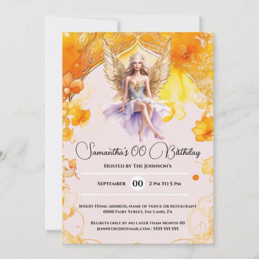 Fairy elegante meisjes oranje verjaardagsfeestje kaart (Voorkant)