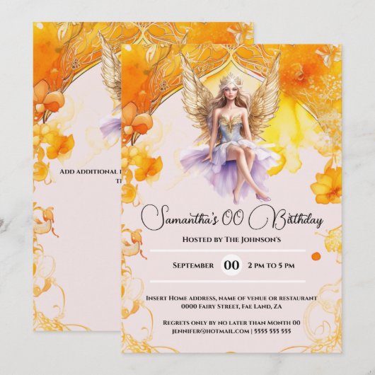 Fairy elegante meisjes oranje verjaardagsfeestje kaart (Voorkant / Achterkant)