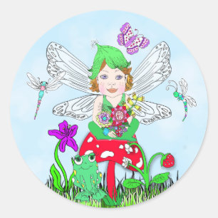 Fairy Elf Girl zit op een Magische Paddenstoel Ronde Sticker