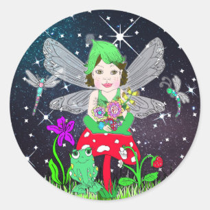 Fairy Elf Girl zit op een Magische Paddenstoel Ronde Sticker