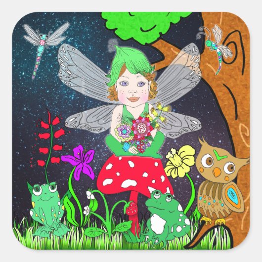 Fairy Elf Girl zit op een Magische Paddenstoel Vierkante Sticker (Voorkant)