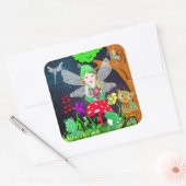 Fairy Elf Girl zit op een Magische Paddenstoel Vierkante Sticker (Envelop)