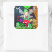 Fairy Elf Girl zit op een Magische Paddenstoel Vierkante Sticker (Tas)