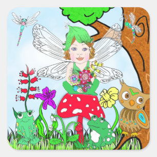 Fairy Elf Girl zit op een Magische Paddenstoel Vierkante Sticker